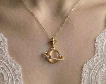 Collier planète Saturne, oeil de chat pêche, bague zircone cubique, breloque étoile, acier inoxydable doré