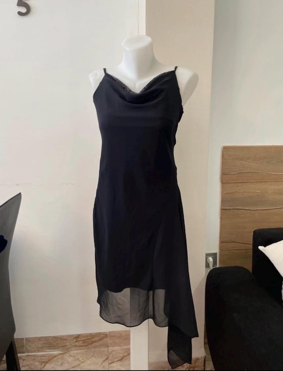 Vintage 90s Black Cowl Neck Dress, Y2K Lace Trim Slip Dress, Asymmetrical Hem , 1990s Cocktail Party Dress, Sheer Overlay - Etsy Vintage 90s Black Cowl Neck Dress, Y2K Lace Trim Slip Dress, Asymmetrical Hem , 1990s Cocktail Party Dress, Sheer Overlay - Etsy