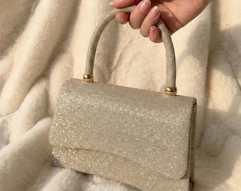 Sac de soirée champagne doré - Pochette scintillante avec poignée sur le dessus - Bandoulière en chaîne amovible - Sac à main pour invité de mariage