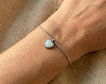 Silver Snake Chain Bracelet - Stainless Steel Blue Opal Heart Charm - Minimalist Pearlescent Pendant - Meaningful Gift for Her