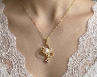 Collier céleste en acier inoxydable doré, lune cz pavée, planète de fausses perles, breloque étoile