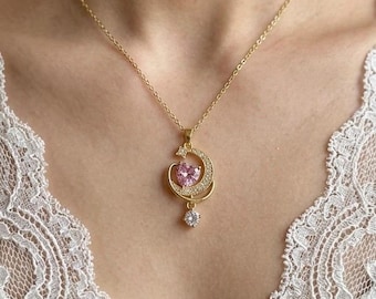 Collier lune doré en acier inoxydable, pendentif céleste coeur rose, breloque étoile