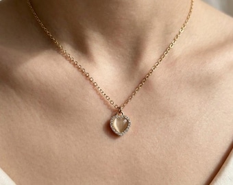 Collier coeur doré, pendentif oeil de chat avec halo pavé, bijoux minimalistes en acier inoxydable