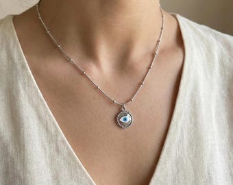 Silver Evil Eye Necklace - Stainless Steel Bead Chain Amulet - Minimalist Protection Jewelry