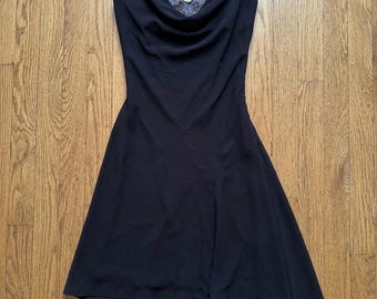 Vintage 90s Black Cowl Neck Dress, Y2K Lace Trim Slip Dress, Asymmetrical Hem ,  1990s Cocktail Party Dress, Sheer Overlay