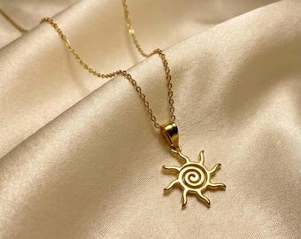 Collier soleil doré | Pendentif soleil spirale en acier inoxydable | Bijoux célestes minimalistes | Cadeau d'été imperméable pour elle | Boîte incluse