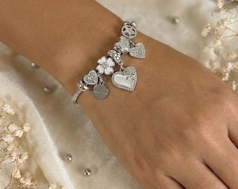 Silver Charm Bracelet • Heart & Star Snake Chain • Crystal Beaded Bangle • Coquette Aesthetic Jewelry • Jewelry Gift for Her