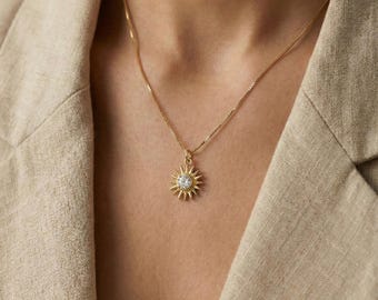 Collier Crystal Sunburst • Chaîne boîte en acier inoxydable dorée