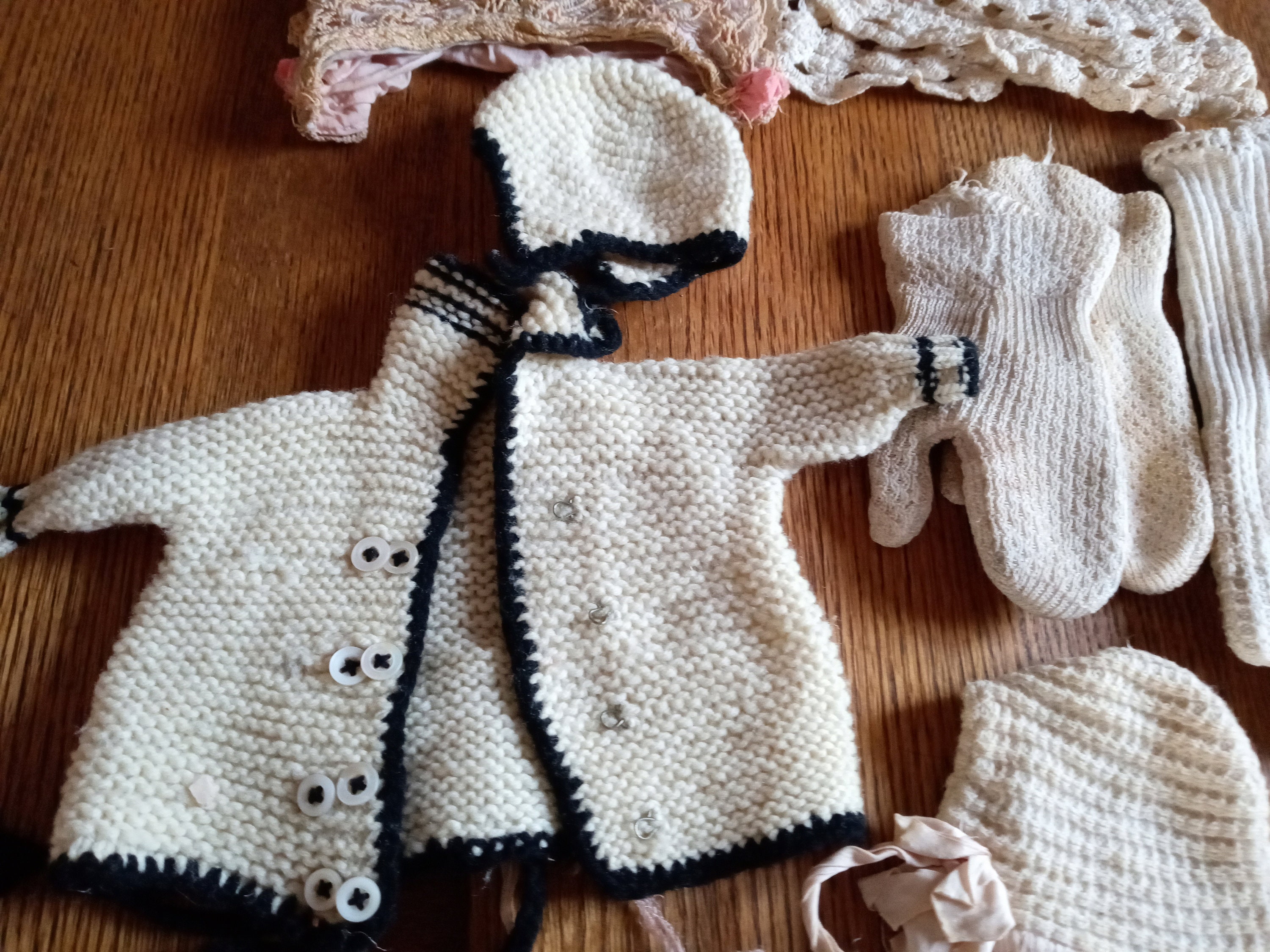 Vintage Baby Clothes Set: 1910s-20s Handmade Knitwear, sweaters, caps hats mittens, shirts, doilies, baby clothes, winter baby clothes