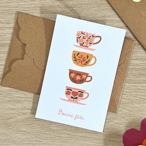 Carte Bonne Fête Maman Imprimée – Illustration Tasse Fleurie – Carte tendre et élégante en papier