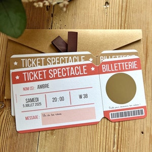 Carte à Gratter spectacle - Cadeau Annonce Surprise - Billet concert théâtre Personnalisable - bon à gratter