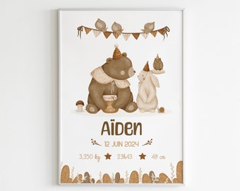 Affiche naissance prénom personnalisée animaux pour décoration chambre d'enfant, cadeau de naissance bébé