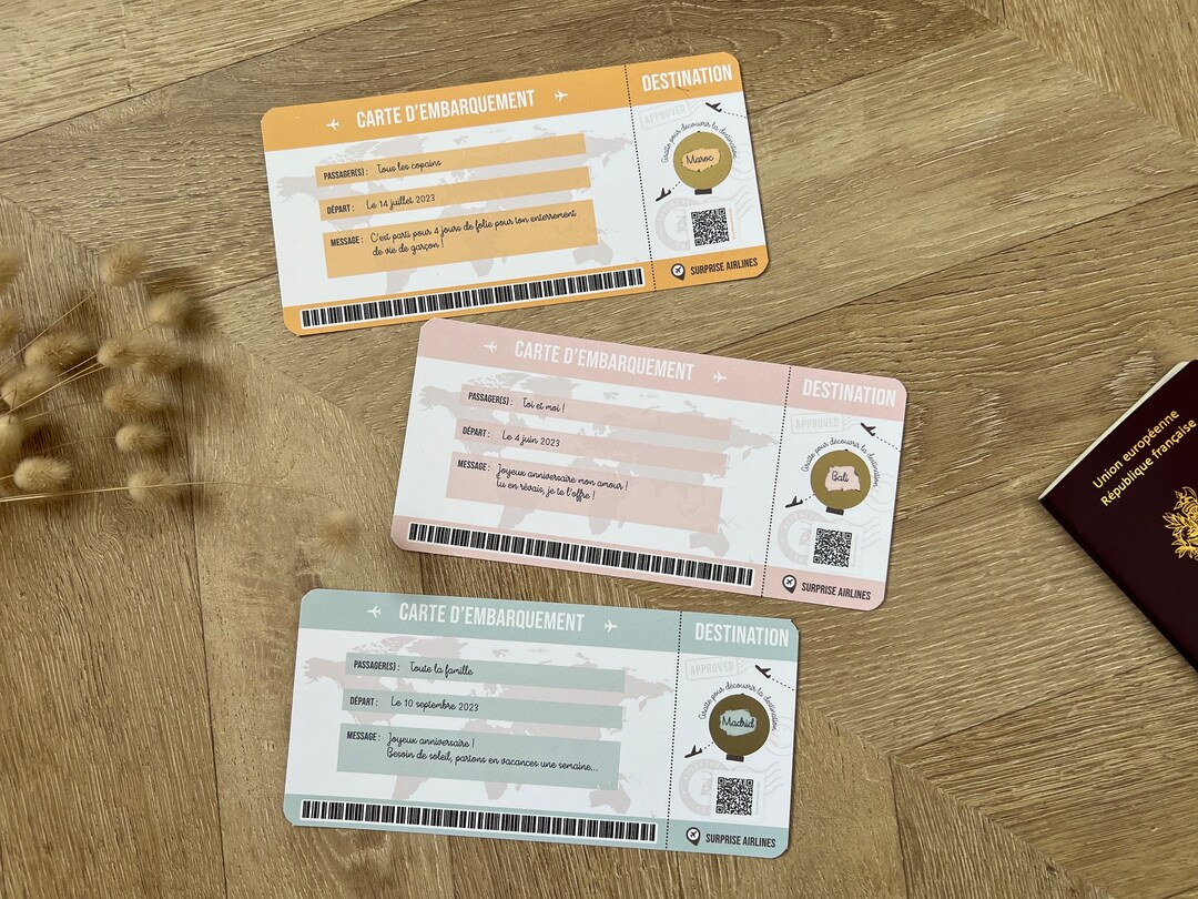 Carte à Gratter Voyage Surprise - Billet D'embarquement Personnalisable - Pour Annoncer Un Cadeau Voyage - Modèle Blanc