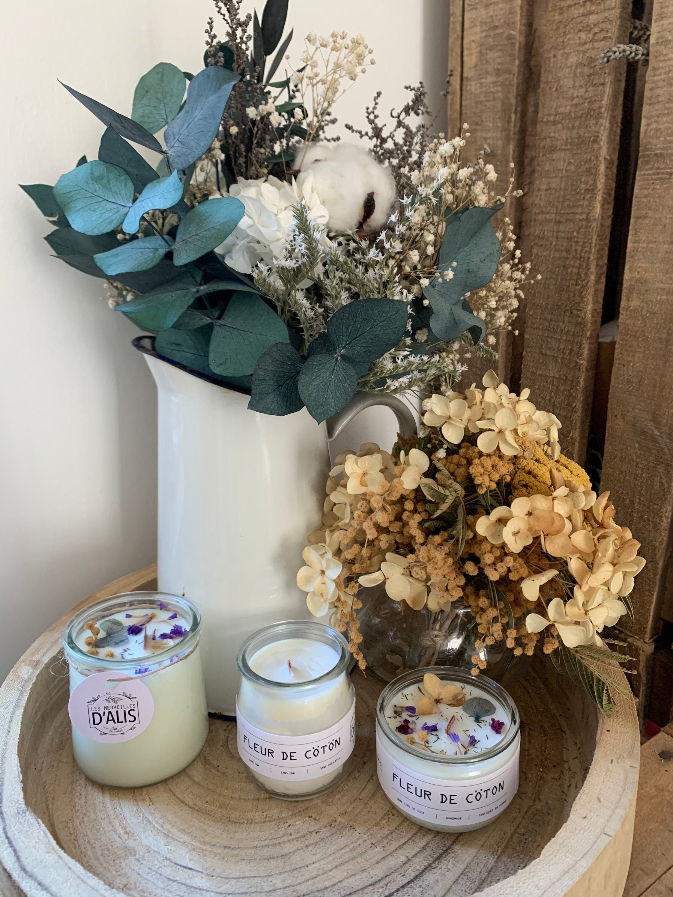 Fleur de Coton - Bougie Naturelle Parfumée Fleur à La Cire Soja et Fleurs Séchées Fait Main Idée Cad