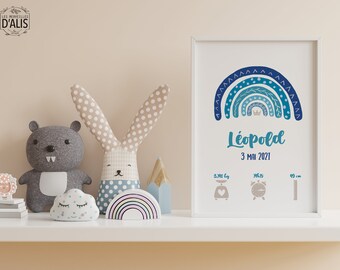 Affiche naissance personnalisée arc en ciel  - chambre bébé - cadeau naissance personnalisé - décoration chambre enfant