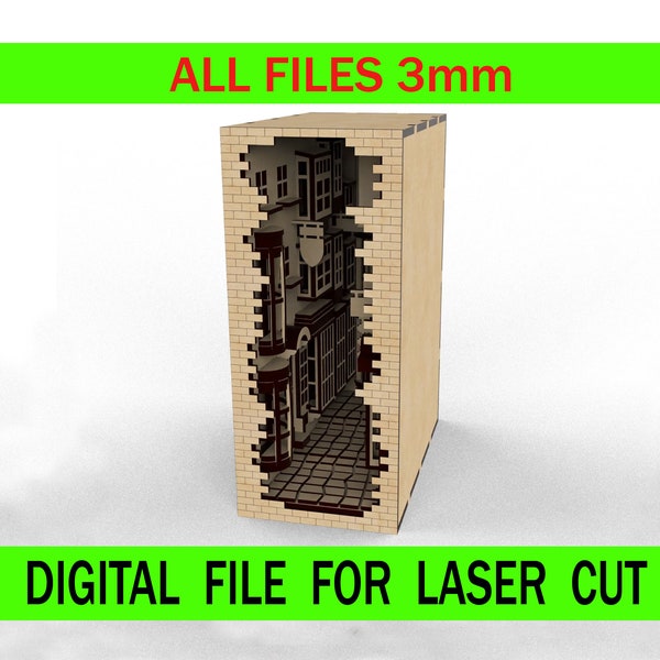 Coin livre SVG Chemin de Traverse Tous les fichiers Fichier de 3 mm pour étagère découpée au laser insérer un fichier laser pour ruelle Fichier numérique de motif SVG laser pour livre de coin