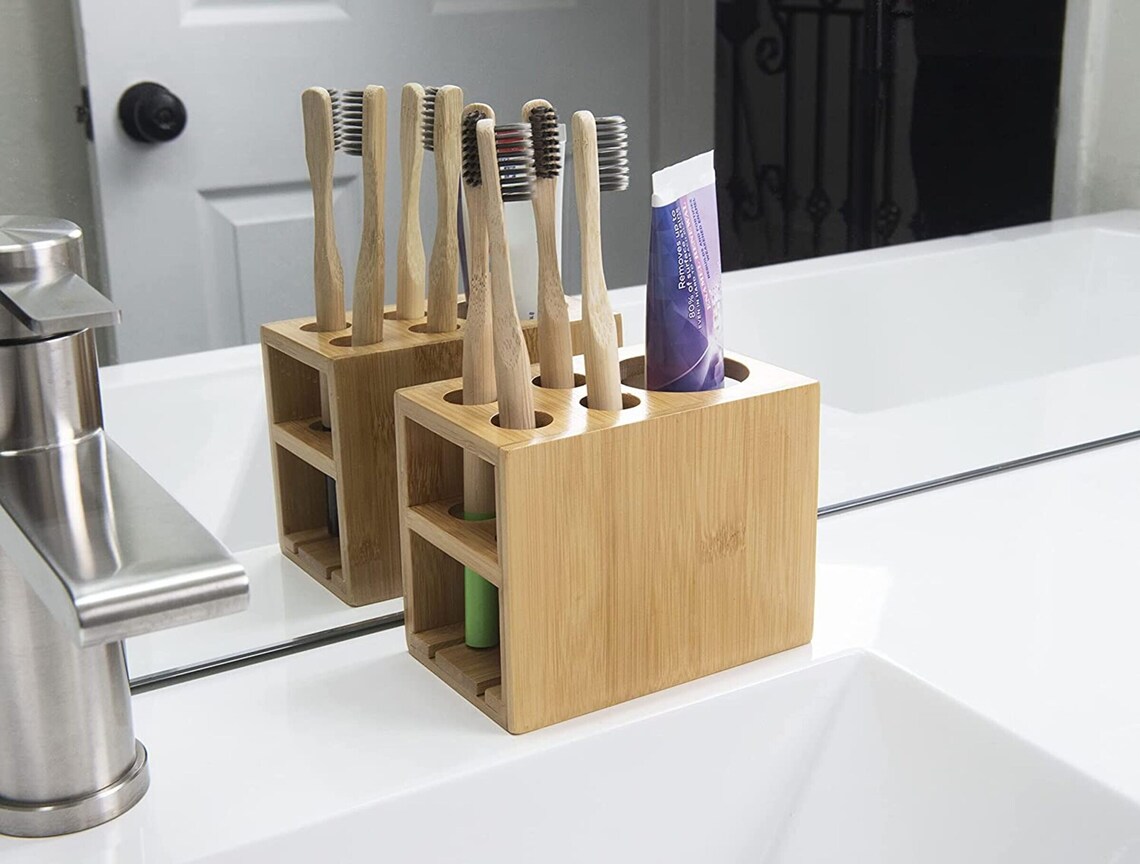 Natural Bamboo Toothbrush and Toothpaste Holder Stand For Etsy