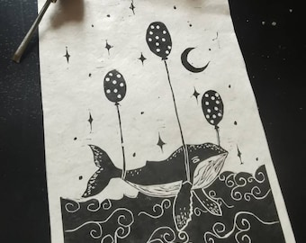 Whale linocut