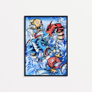 May include: A digital illustration of four Pokemon characters in a blue and white water background. The characters are a blue and white Gyarados, a red and white Gyarados, a red and white Magikarp, and a yellow and white Goldeen.