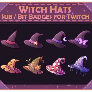Può includere: Otto diversi design di cappelli da strega per badge di abbonamento e bit di Twitch. I cappelli sono di vari colori e stili, tra cui un cappello viola con una stella, un cappello verde con foglie e un cappello a pois rossi e bianchi.
