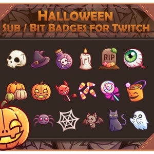 May include: A set of 18 Halloween themed Twitch sub and bit badges. The badges feature various spooky and cute Halloween icons, including a skull, a witch's hat, a potion bottle, a candle, a tombstone, an eyeball, a pumpkin, a devil's tail, candy corn, a lollipop, a candy bucket, a spider, a spider web, a bat, a black cat, and a ghost.