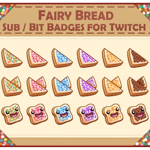 Op de afbeelding: Een set van 18 digitale badges voor Twitch met een cartoon-fee broodje in verschillende kleuren en stijlen. De badges omvatten een enkele plak, twee plakken en een heel broodje met een glimlach.