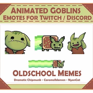 Puede incluir: Gráfico con emotes de duendes animados para Twitch y Discord. La imagen muestra tres ilustraciones de duendes y una versión pixelada. El texto dice "Animated Goblins Emotes for Twitch / Discord" y "Oldschool Memes".