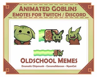 Könnte beinhalten: Grafik mit animierten Goblin-Emotes für Twitch und Discord. Das Bild zeigt drei Goblin-Illustrationen und eine pixelige Version. Der Text lautet "Animated Goblins Emotes for Twitch / Discord" und "Oldschool Memes".