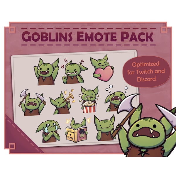 Cute D&D Goblin Emotes Pack for Twitch / Discord - 10 Emote Set - Dungeons and Dragons Gobbo Gremlin