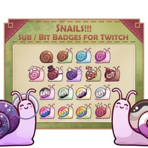 Insignias de sub/bit de caracol de jardín adorables para Twitch, disfraz, hongo, babosa, caracol, orgullo LGBTQ, arcoíris, discordia, corona, espacio, sombrero de copa, astronauta, postre