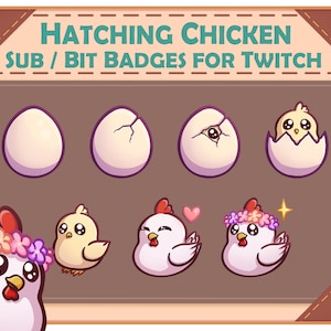 以下が含まれることがあります： Twitch用の、孵化するニワトリのデザインのデジタルグラフィック。卵が割れてヒヨコが現れる様子が描かれており、花冠やハートをつけたヒヨコなど、様々なデザインがあります。「Hatching Chicken Sub / Bit Badges for Twitch」と書かれています。