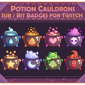 Puede incluir: Ocho ilustraciones de calderos de dibujos animados coloridos con diferentes ingredientes de poción en su interior. Los calderos están sobre un fondo morado oscuro con estrellas doradas. El texto "POTION CAULDRONS SUB/BIT BADGES FOR TWITCH" está en la parte superior de la imagen.