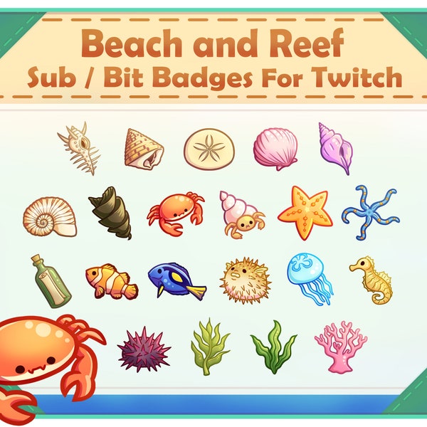 Beach and Ocean Reef Twitch Sub / Bit Badges sea shells star fish crab