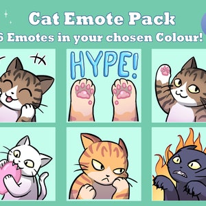 Peut inclure: Un ensemble de six émojis de chat pour Twitch, présentant une variété d'expressions, notamment le bonheur, l'excitation et la colère. Les émojis sont conçus dans un style cartoon et sont parfaits pour ajouter de la personnalité à votre chat Twitch.