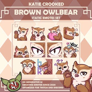 Brown Owlbear Emotes Pack for Twitch / Discord - 10 Emote Set - Cute Owlbears D&D Dungeons and Dragons Owl Bear