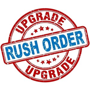 May include: Red and blue distressed rubber stamp with the text "Upgrade" in a circle around the words "Rush Order".