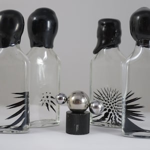 May include: Five clear glass bottles with black caps, each containing a different ferrofluid pattern. The bottles are arranged in a row, with a small metal sphere in the center.
