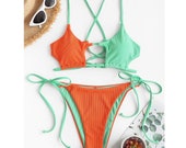 HOT Summer Ladies Push Up High Cut Hight Waist Halter Bikini Set Women Patchwork Sexy Swimsuit Femme Two Piece Swimwear Swimming