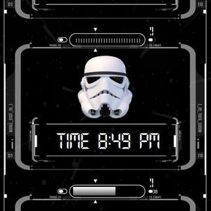 May include: A futuristic digital display with a black background. The display shows real-time computer component temperatures, including GPU at 32°C, CPU at 59°C, and MOBO at 38°C. The time is 8:49 PM. DIMM2 and DIMM4 are at 32°C.