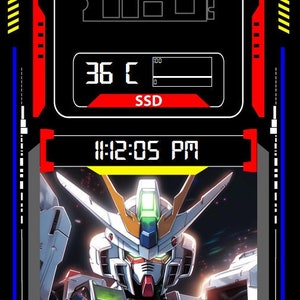 May include: A computer system performance monitor with a black background and red, yellow, and blue accents. The monitor displays the CPU temperature at 44 degrees Celsius, the GPU temperature at 41 degrees Celsius, the SSD temperature at 36 degrees Celsius, and the RAM as DDR4-3600. The time is 11:12:05 PM. The background image is a close-up of a blue and white robot with a green light in its head.