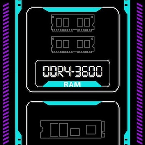 Könnte beinhalten: Ein digitales Display mit schwarzem Hintergrund und futuristischem Design zeigt die Temperatur verschiedener Komponenten eines Computersystems an. Das Display zeigt die Temperatur von GPU, CPU, RAM, SSD und Motherboard an. Zeit und Datum werden ebenfalls angezeigt. Der Text "NIZMA" befindet sich am unteren Rand des Displays.