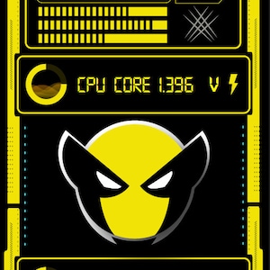 Op de afbeelding: Een zwart en geel digitaal display met het woord "WOLVERINE" bovenaan. Het display toont GPU- en CPU-temperaturen, spanningen en andere systeeminformatie. Het Wolverine-logo staat in het midden.