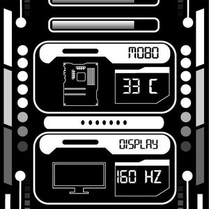 May include: A black and white digital display with the text "NIZMA GRAPHICS" at the top. The display shows the current temperature of different computer components, including the GPU, CPU, RAM, Motherboard, and SSD. The display also shows the current date and time.