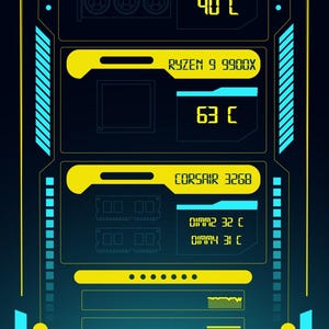 May include: A digital graphic with a dark blue background and yellow and teal accents. The text "Cyberpunk" is at the top and bottom. The graphic displays computer component information, including "PNY RTX 4080" and "RYZEN 9 9900X".