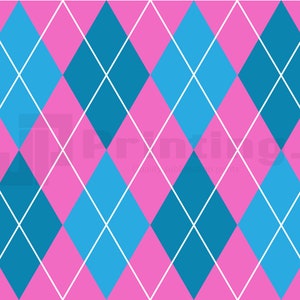 May include: A seamless pattern of pink and blue diamonds with white lines. The pattern is repeated throughout the image.