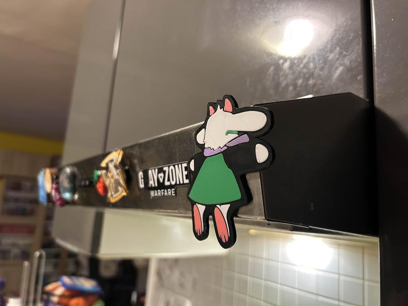 May include: A collection of decorative magnets, including a cartoon character in a green dress and a purple scarf. The text "GAY-ZONE WARFARE" is visible on a metal surface. Other magnets are also visible.