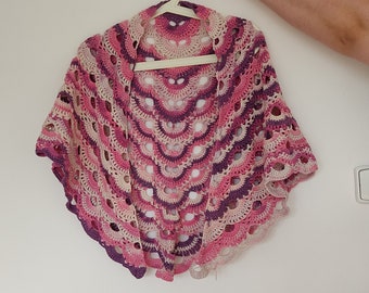 Enveloppement de châle au crochet fait à la main, foulard triangle, rose violet blanc