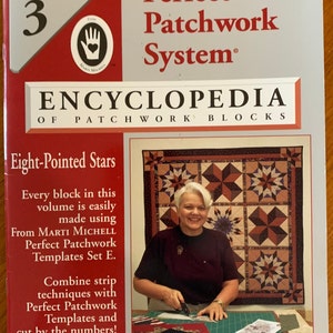 May include: Volume 3 of The Perfect Patchwork System Encyclopedia of Patchwork Blocks, featuring eight-pointed stars. The book cover shows a woman cutting fabric with a rotary cutter and a quilt with a patchwork design of eight-pointed stars.