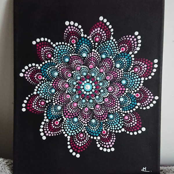 Toile Tableau sur fond noir dot mandala painting