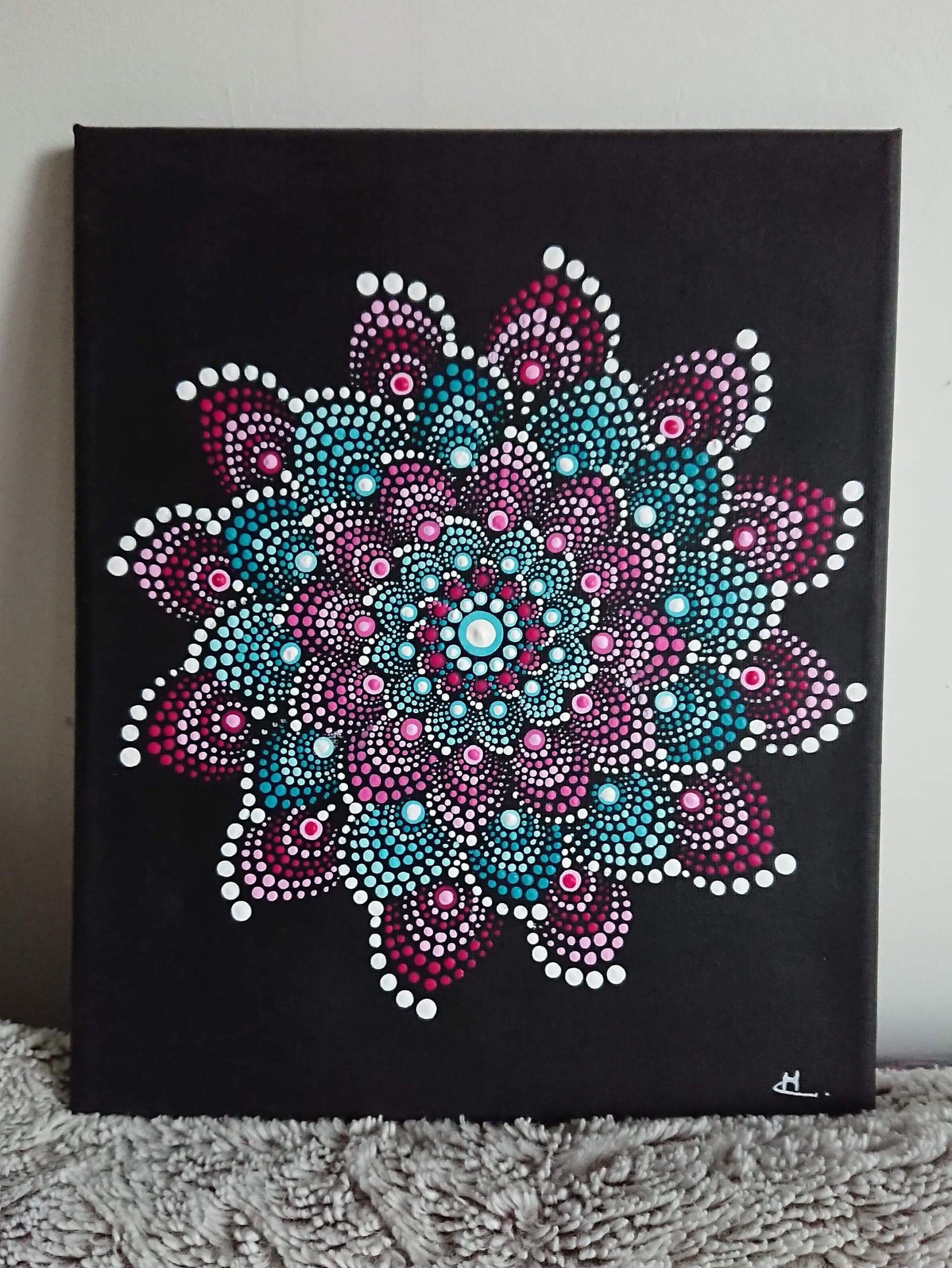 Toile Tableau sur Fond Noir Dot Mandala Painting